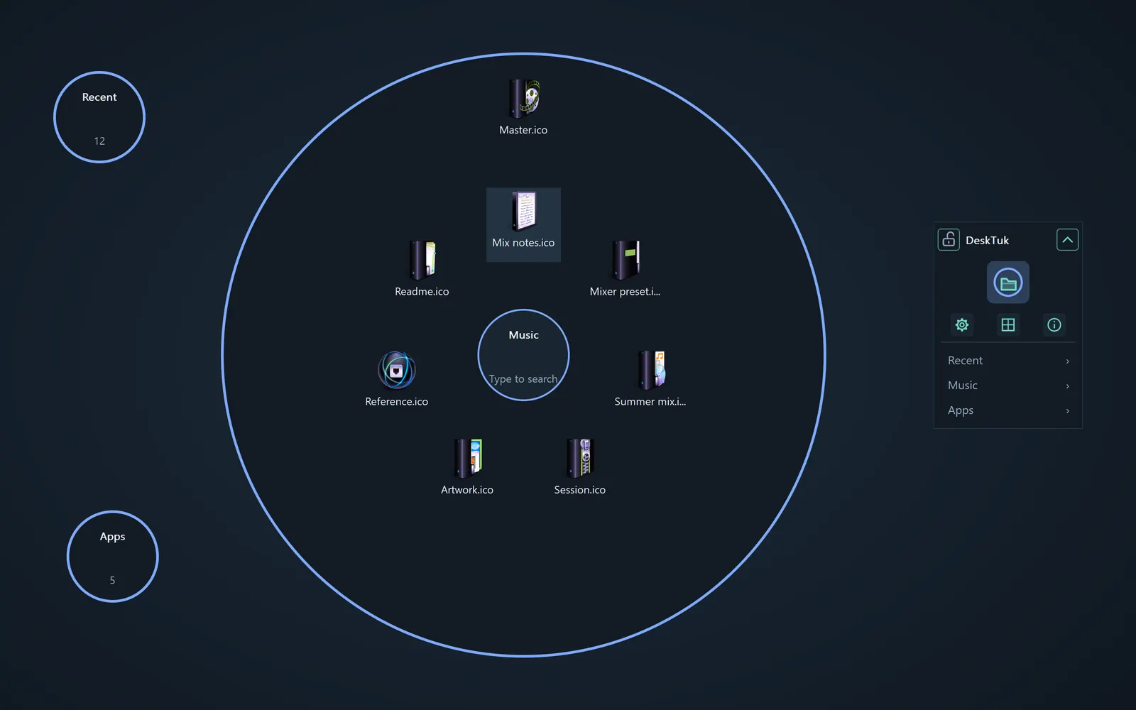 DeskTuk on the desktop: the Music circle open with eight files around a search field, Recent and Apps circles on the left, the DeskTuk panel on the right.
