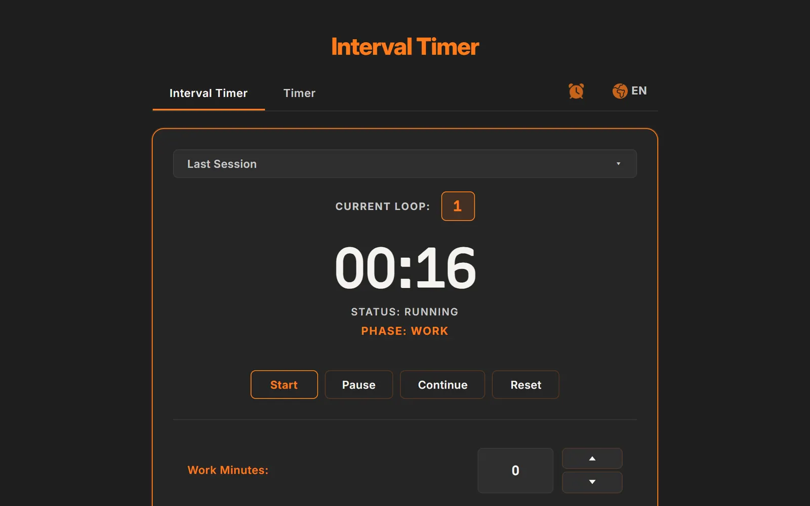 Interval Timer web app running: 00:16 left in the work phase of loop 1, with Start, Pause, Continue and Reset.