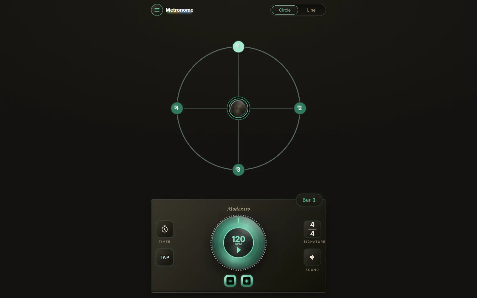 Chronobeat in 4/4 at 120 BPM: a circular beat visualiser above the tempo dial.