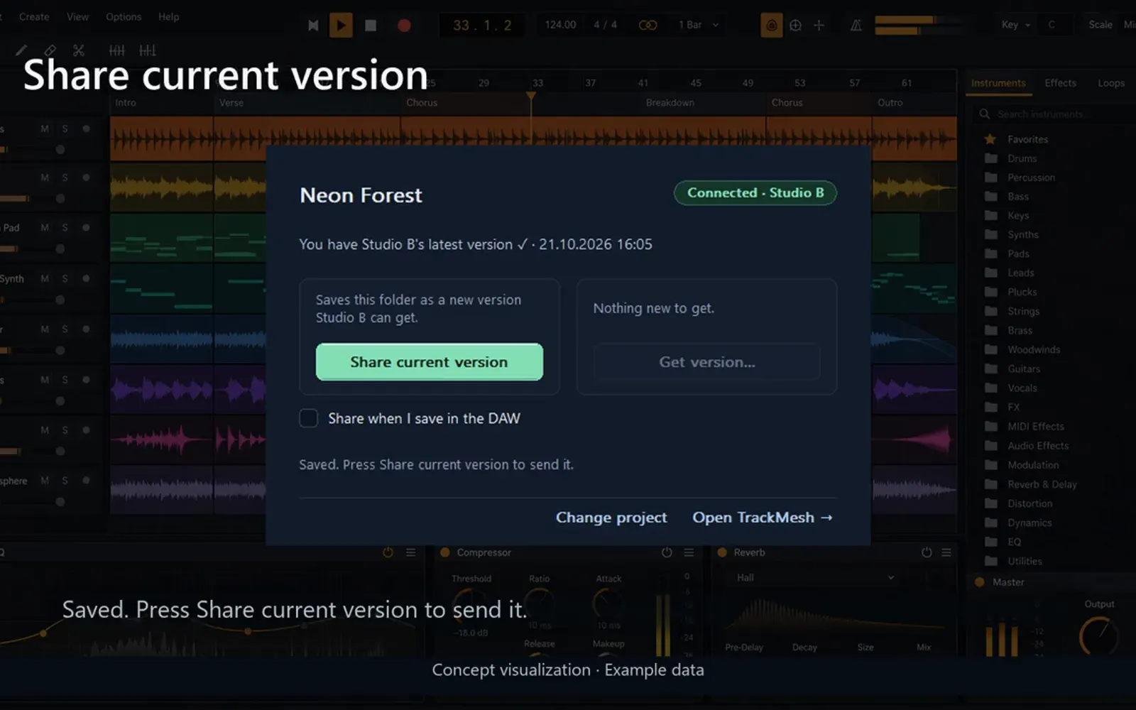 TrackMesh panel over a DAW: project Neon Forest, connected to Studio B, with a Share current version button.